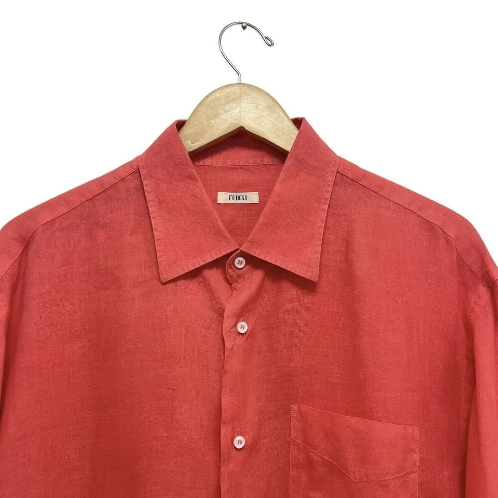 FEDELI Men’s Button Down Linen Shirt Long Sleeve Summer Shirt Coral Size 45 XL - Picture 4 of 11